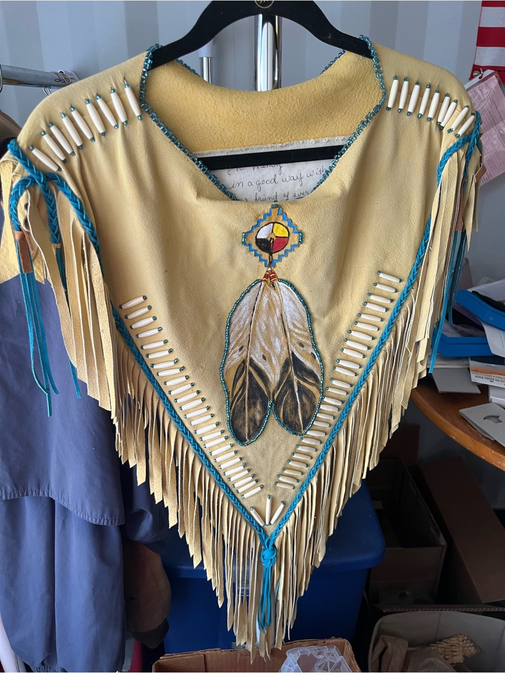Leather Fringe Poncho with Feather. Hand made